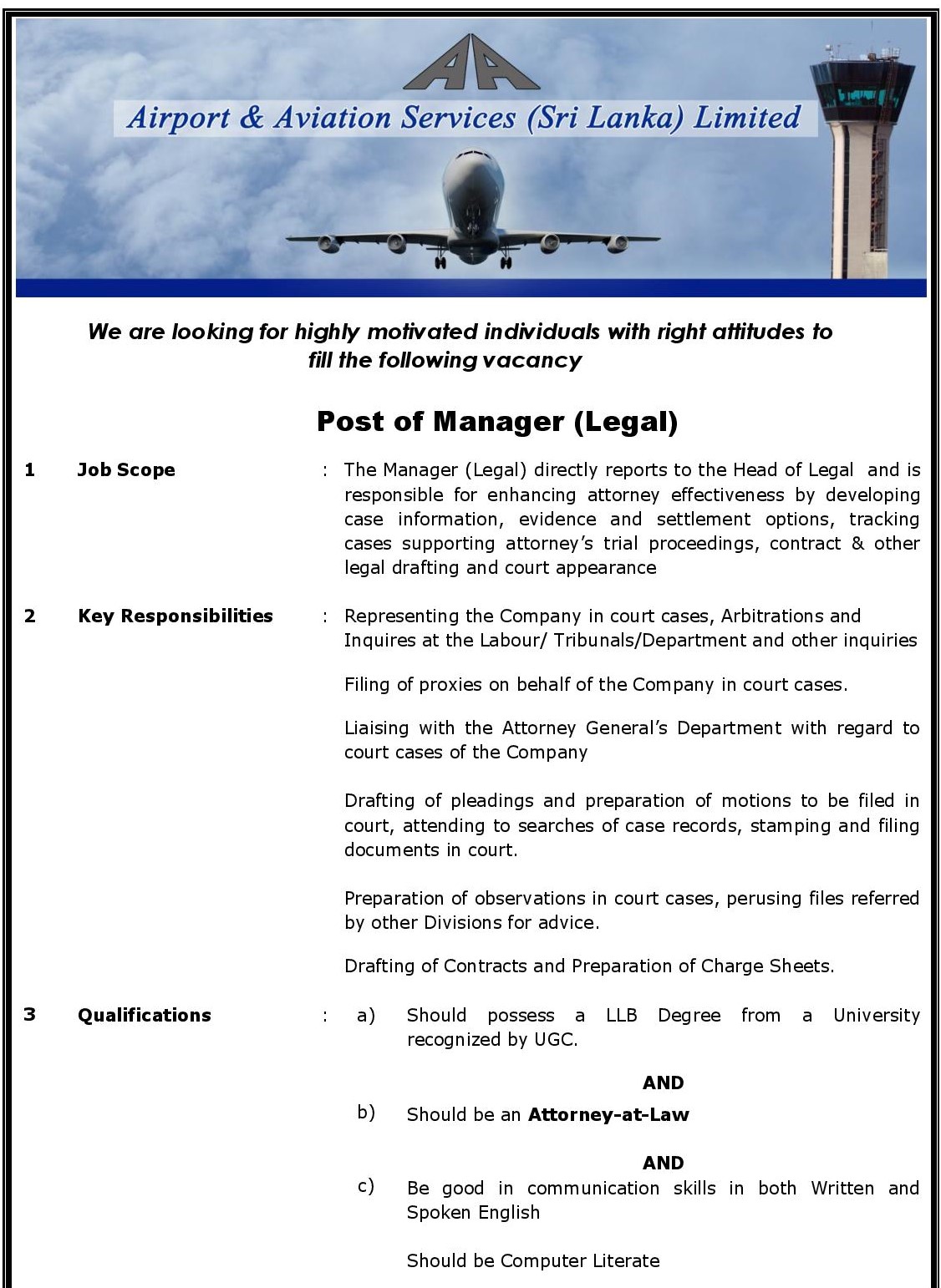 Manager (Legal) - Airport & Aviation Services (Sri Lanka) Limited